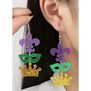 Mardi Gras Themed Glitter Earrings With Fleur-De-Lis Mask & Crown Charms NEW‎